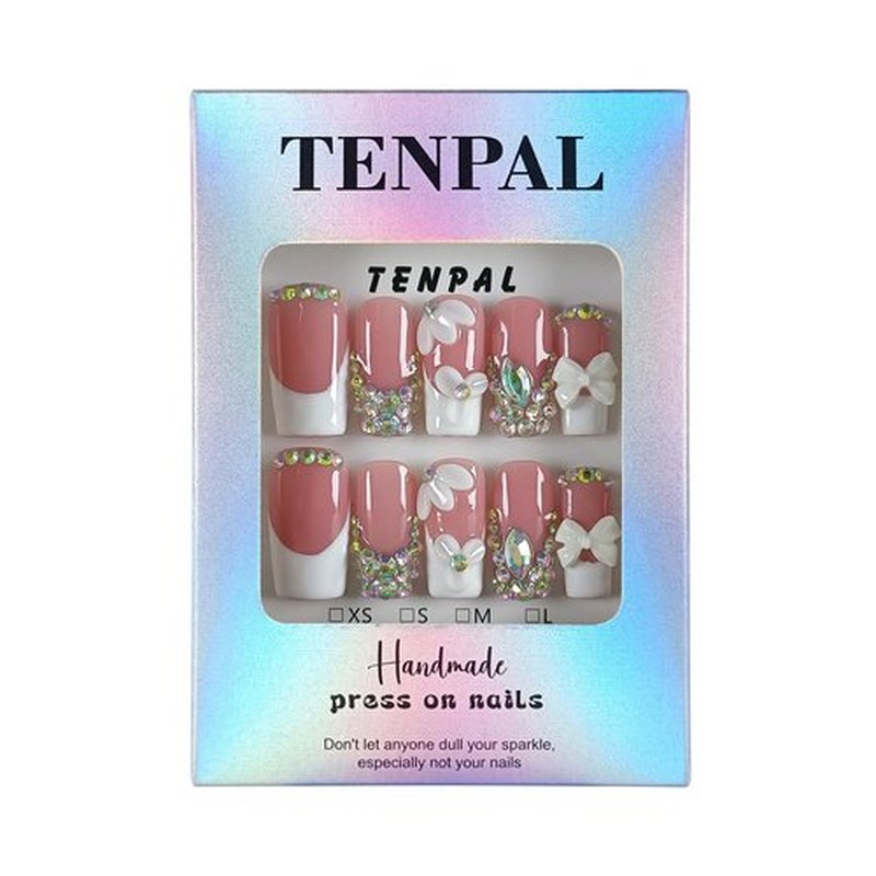 TENPAL Handmade Press on Nails Medium Long Square - Sheer Nude French Tip Fake Nails with 3D Floral, Full Cover Glitter 3D Bow Design False Nail Tips for Women Girls Daily Wear Parties Gifts(S)