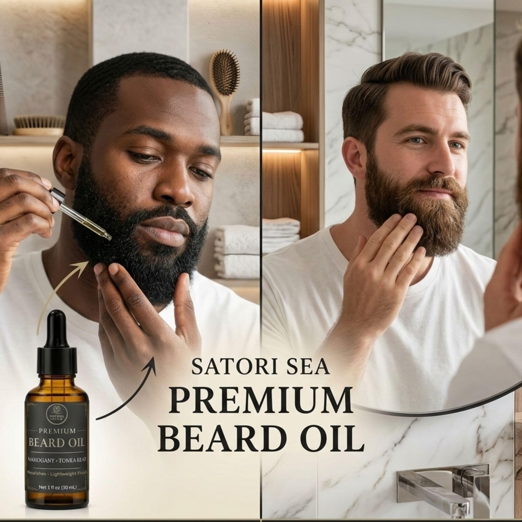 Satori Sea Beard Oil Variety Pack for Men - 3 Pack (Bourbon Vanilla, Mahogany Tonka Bean, Bergamot Sage) - Premium Beard Oil for Men - Moisturizing & Conditioning Beard Care -1 oz Bottles