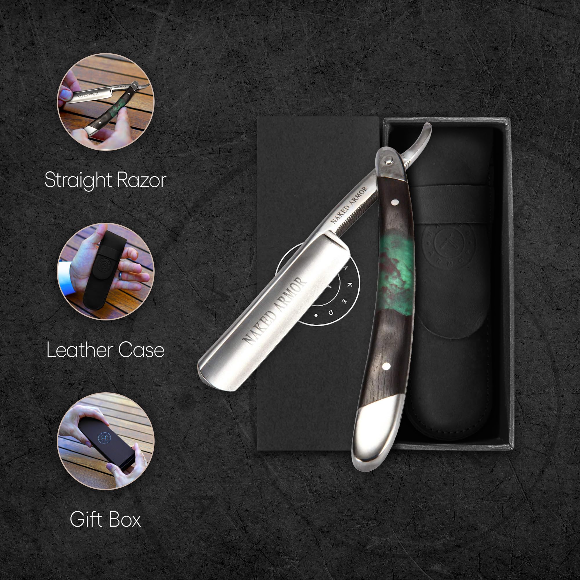 Naked Armor Professional Straight Razor for Men - Shave Ready 7/8" Japanese Steel Straight Edge Razor - Mador Series with Hand-Crafted Ebony Wood Handle, Leather Case & Gift Box
