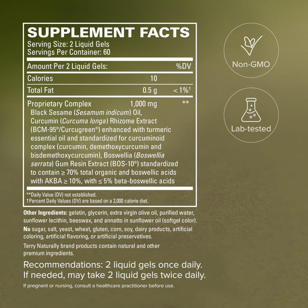 Terry Naturally CuraMed Acute Pain Relief - Supplement with BCM-95 Curcumin & BOS-10 Boswellia - Black Sesame Seed Oil to Support Relief of Occasional Discomfort - 120 Liquid Gels (Pack of 1)
