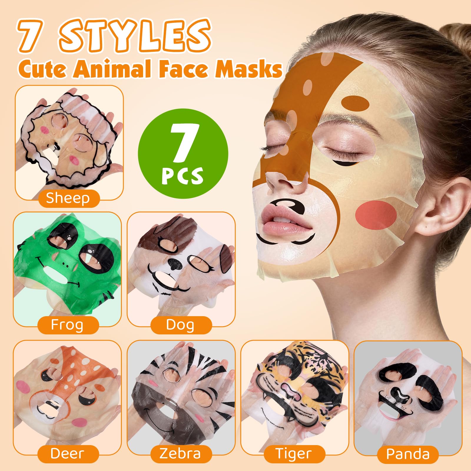 KONEUK 7 Pack Animal Hydrating Face Mask for Kids, Bulk Face Masks Skincare for Girls Teens, Kids Skin Care Set and Spa Day Kit, Spa Party Supplies for Girls