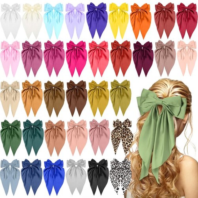 Mimorou 36 Pcs Big Hair Bows for Women Silky Satin Hair Bows Bulk Oversized Long Tail Black White Hair Bow Large Hair Ribbons Hair Clips Barrettes Bow Knot Hair Accessories Gift