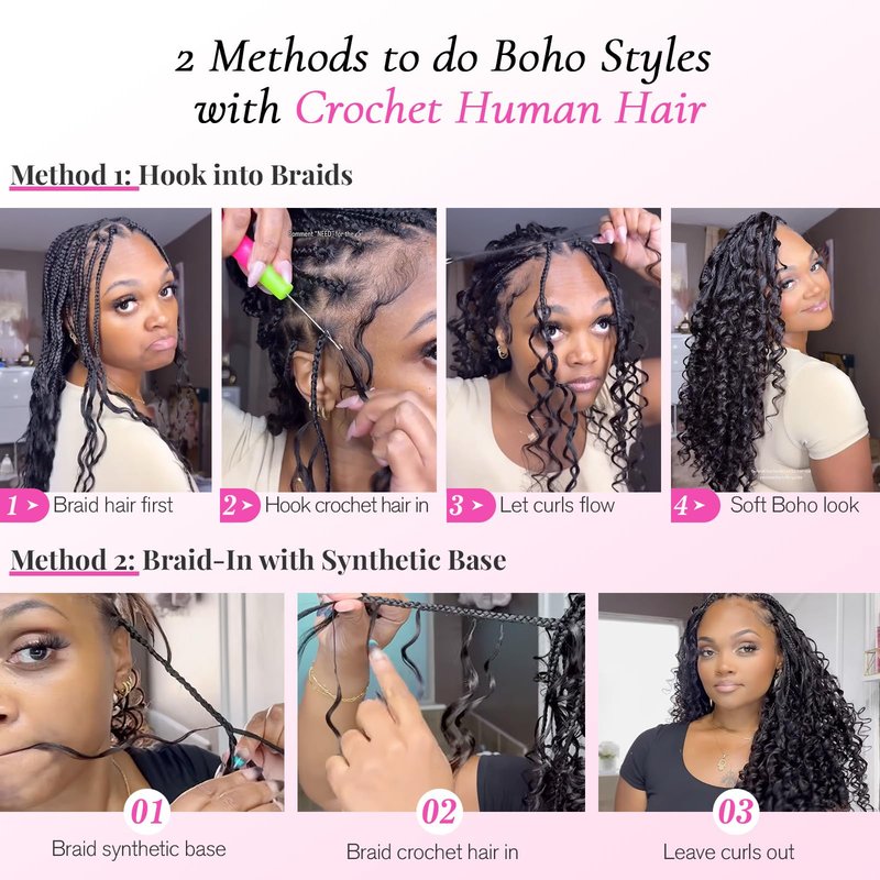 Urbeauty Feather Crochet Human Hair for Black Women, Deep Wave for Boho Braids, Pre-Looped, Knotless & Invisible Finish, 100% Human Hair, Soft, Lightweight & Reusable, Beginner-Friendly