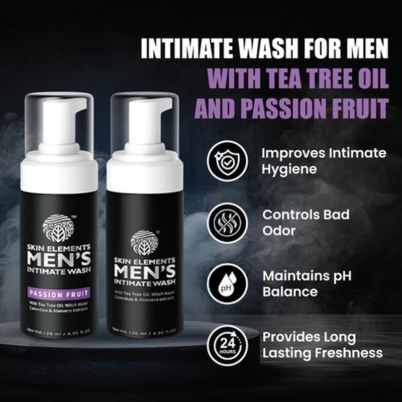 Skin Elements Men's Intimate Wash Combo | Pack of 2 | Jabon Intimo Hombre | Tea Tree Oil + Passion Fruit | pH Balanced Foaming Wash | Soothes, Refreshes & controls Bad Odor | (240 ml)