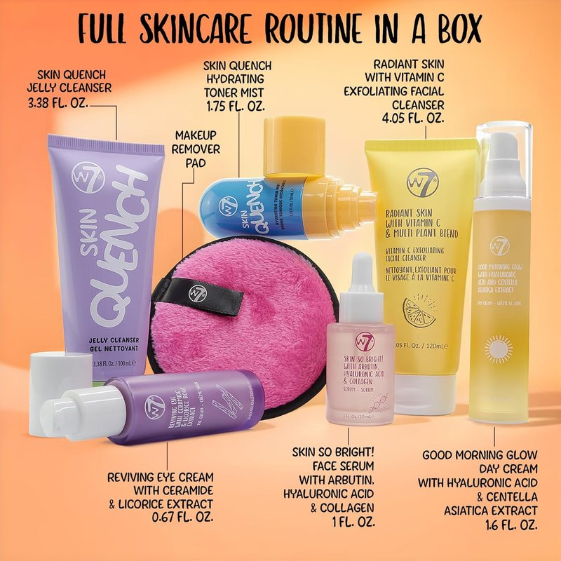 W7 Beauty Blast Skincare Secrets Set - Complete Full-Size Routine with Day Cream, Serum, Toner & More