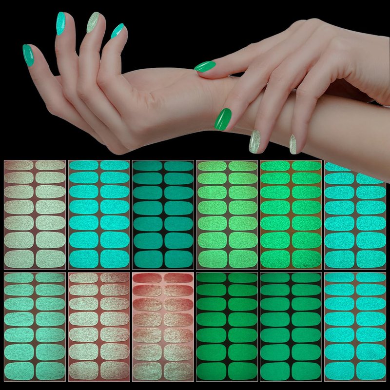 XEAOHESY 12 Sheets Luminous Solid Color Nail Polish Strips with Nail File Self-Adhesive Glow in The Dark Gel Nail Strips Bright Color Nail Stickers Full Nail Wraps for Women Nail Art