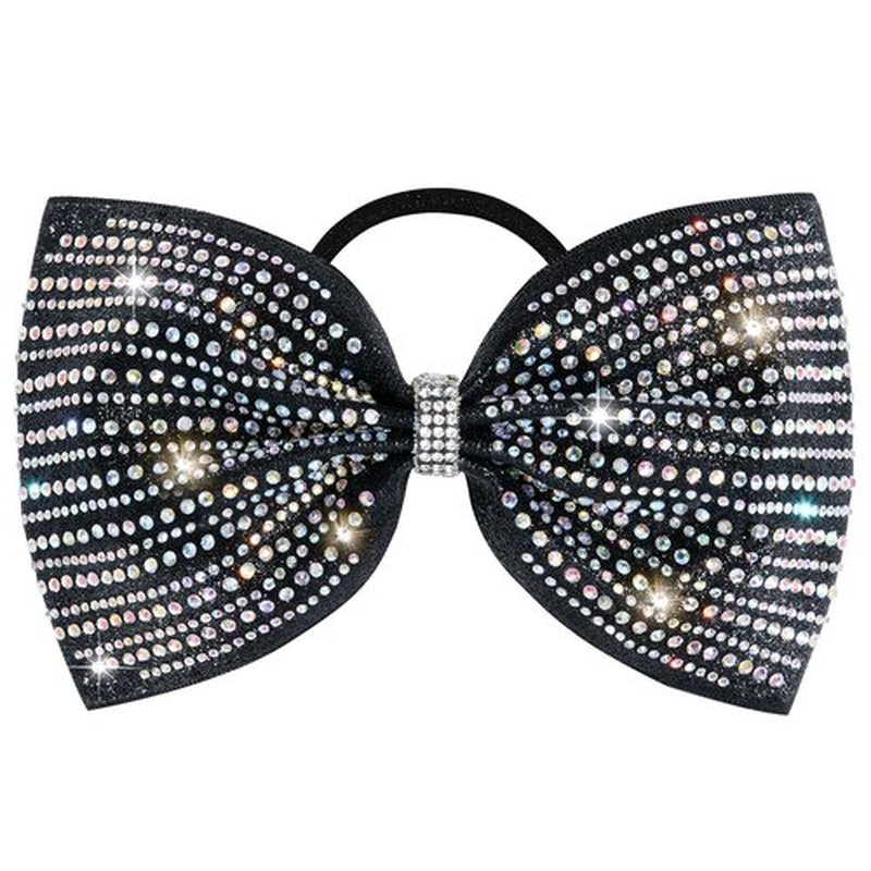 DEEKA Black Glitter Tailless Cheer Bows Large 6.5" Rhinestones Competition Hair Bow Elastic Band for Cheerleading Cheerleaders Girls (Glitter Black)