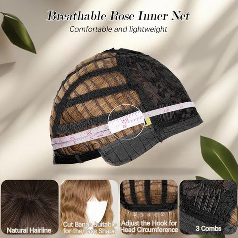 Twobla Rooted Mocha to Caramel Brown Latte Ombré Bob Wig With Bangs For Women | 16 Inch Bob Wavy Wig With Curtain Bangs | Heat Resistant, Wear & Go, No Glue Needed | Cosplay Use