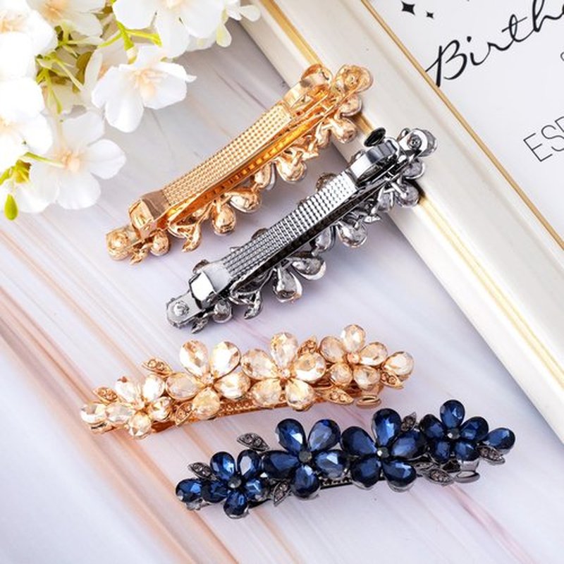 Joez Wonderful Rhinestone Hair Clip Sparkly Crystal Barrettes French Wedding Prom Engagement Pageant First Communion Hair Decorative Accessories for Women Long Hair (Flower Blue, Champagne 2 Pcs)