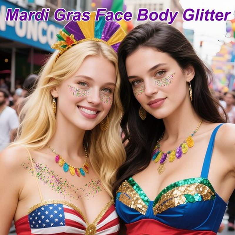 Paminify Mardi Gras Hair Face Glitter Stick,Mardi Gras Outfit for Women,Purple Green Gold Body Glitter Makeup,Festival Costume Carnival Accessories Singer Concerts Chunky Glitter Makeup