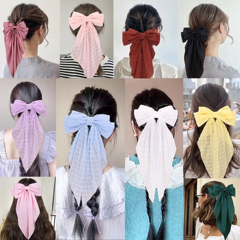MRJ 4Pcs Chiffon Hair Bows for Women Big French Bows Hair Clips for Girls Hair Accessories Barrettes Metal Clips Bowknot Aesthetic