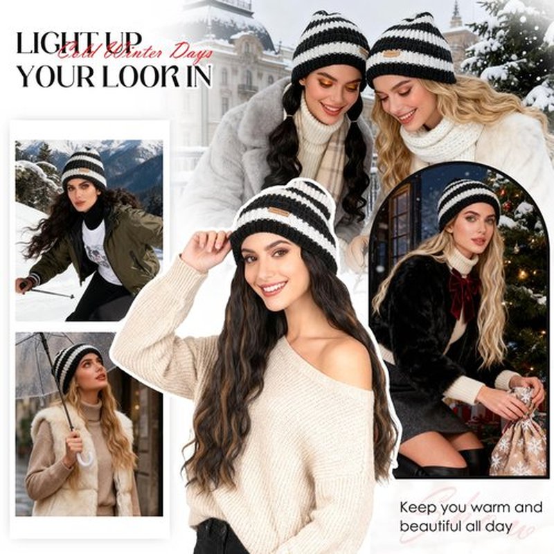 Hairro Hats With Hair Attached For Women Beanie Wig Synthetic Wavy Knitted Hat For Winter Warm Pom Pom Slouchy Cable Hat 18" 240g #4P27 Medium Brown&Dark Blonde