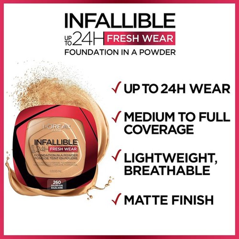 L'Oreal Paris Infallible Fresh Wear Foundation Powder - Waterproof, 24H Wear, True Beige, 0.31 oz.