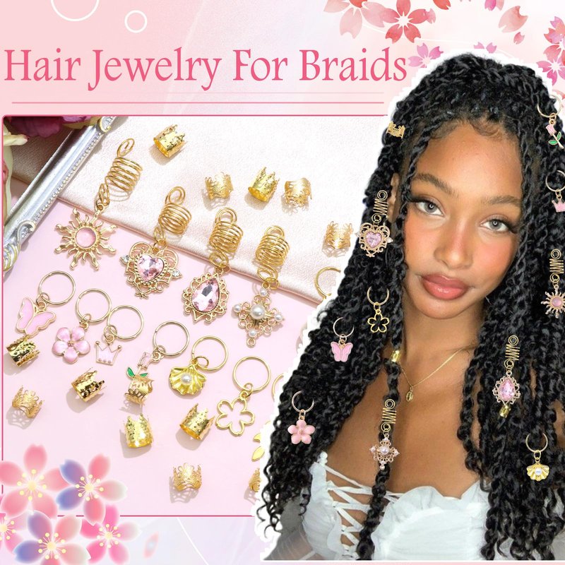VENOFEN 36PCS Pink Crystal Hair Jewelry Butterfly Braids Clips Flower Loc Jewelry Pearl Hair Charms Gold Hair Cuffs Rings Valentine's Day Braids Accessories for Women and Girls