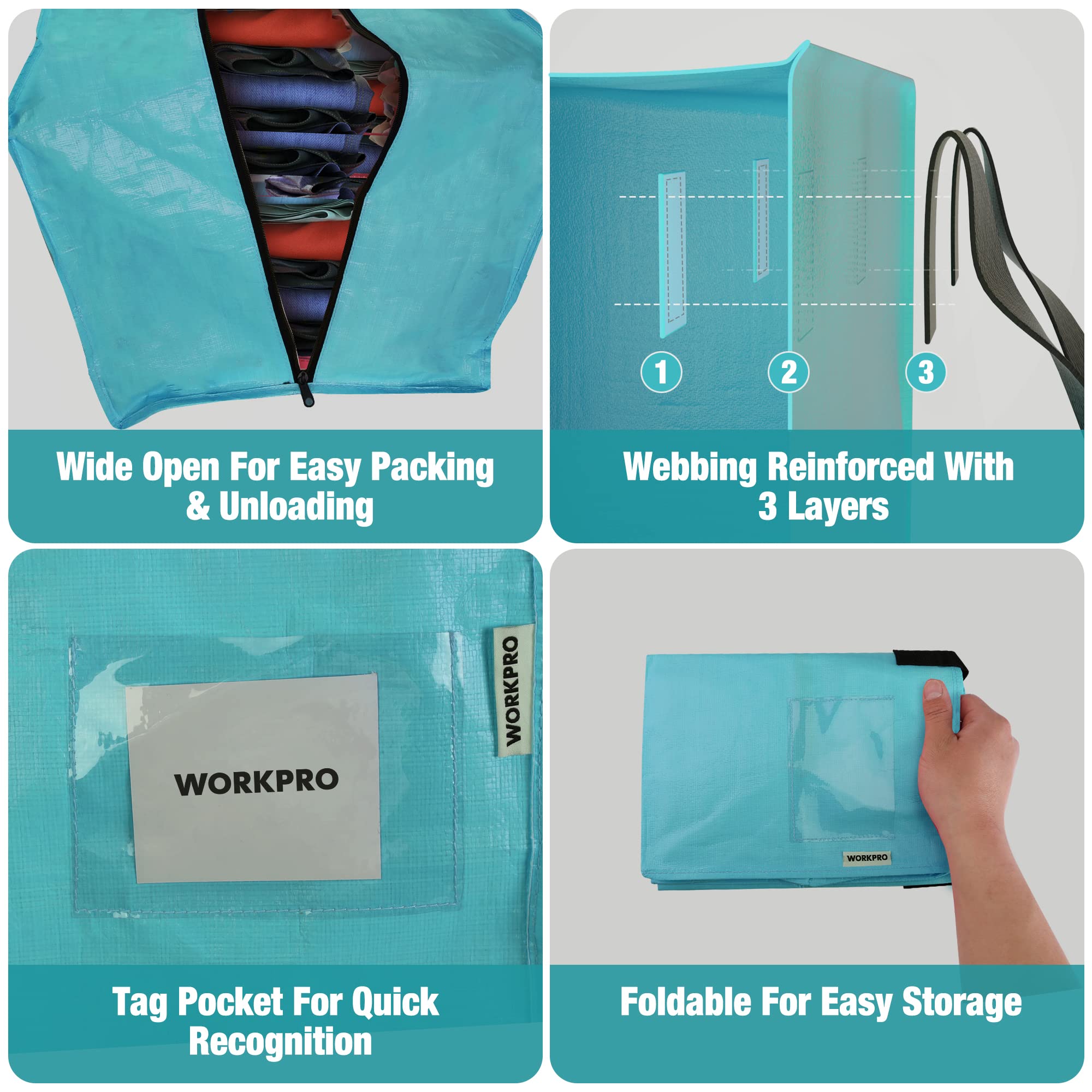 WORKPRO 6 Pack Extra Large Moving Bags with Zippers & Carrying Handles Backpack Straps, Heavy-Duty Storage Tote for Space Saving Moving Storage (Blue)