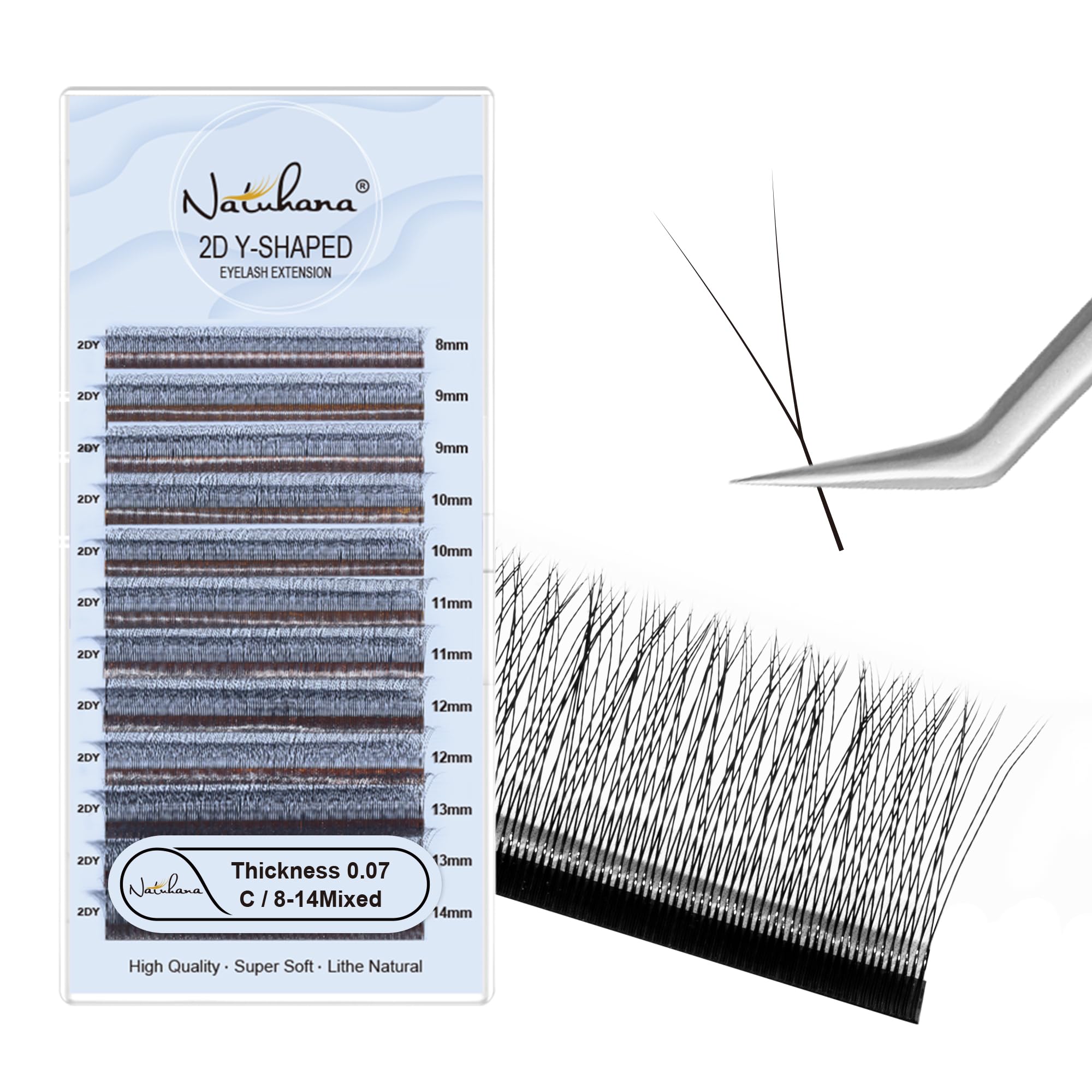 Natuhana 2D Y Shape Lash Extensions Easy Fan Russian Volume Y Eyelash C/D/L/LU Curl 0.07mm Natural Y Shaped 12 Rows Premade Eye Lashes Supply(Black,0.07C,8-14mm)