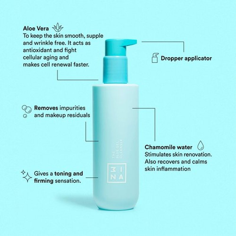 3ina MAKEUP - Vegan - Cruelty Free - The Blue Gel Cleanser - Blue - Makeup remover - Refreshing micellar formula - Aloe & Hamamelis - Smooths, calms, refresh and purifies skin
