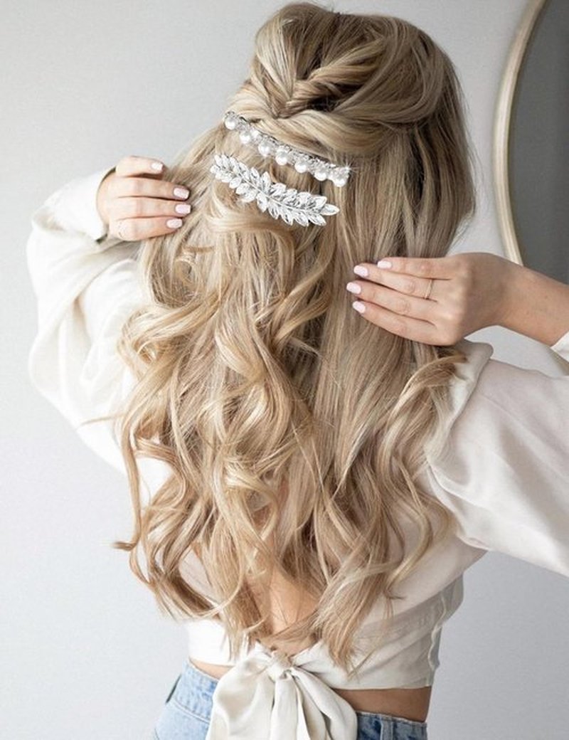 4pcs Rhinestone Pearl Wedding Hair Clips Silver New Bride Bridesmaid Spring Clips French Hairpins Elegant Floral Stylish Accessories Gift for Women Girls