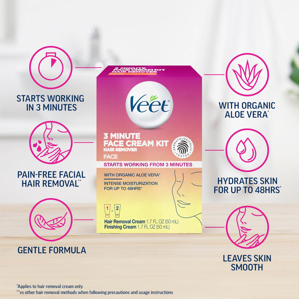 Veet 3 Minute Facial Hair Removal Cream for Women, Depilatory Cream with Organic Aloe Vera, 2 Piece Women's Facial Hair Remover Kit, 1.7 Fl Oz Remover + 1.7 Fl Oz Finishing