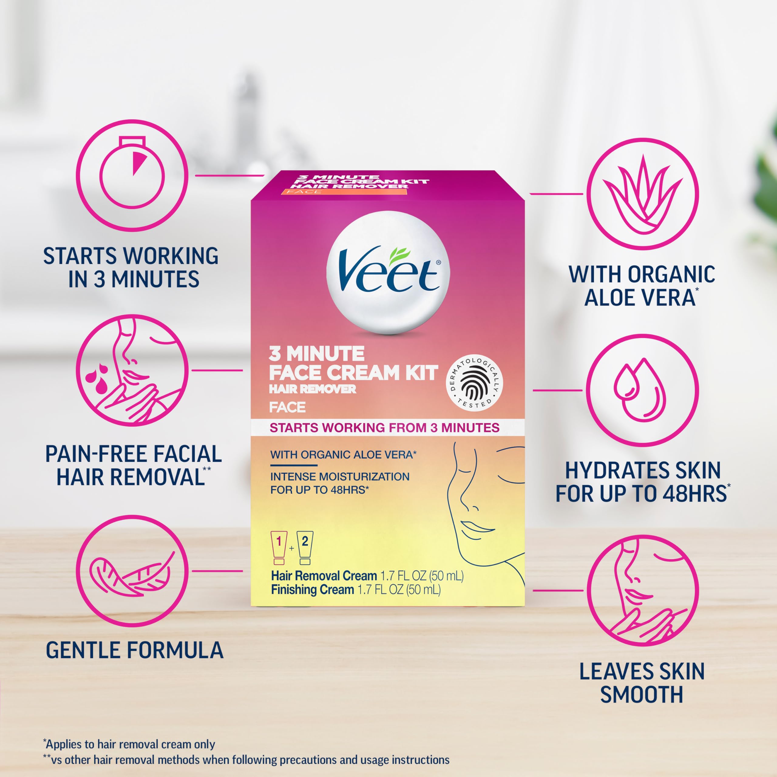 Veet 3 Minute Facial Hair Removal Cream for Women, Depilatory Cream with Organic Aloe Vera, 2 Piece Women's Facial Hair Remover Kit, 1.7 Fl Oz Remover + 1.7 Fl Oz Finishing