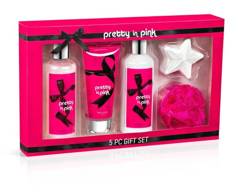 Fragrance Bath & Body Collection Gift Box, Includes Shower Gel, Body Lotion, Body Scrub, Bath Bomb & Sponge (Pretty in Pink) – Mother's Day Gift for Mom