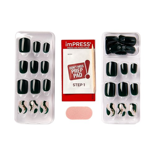 KISS imPRESS Press-On Manicure Fake Nails, Time Lapse - Short Length, Squoval Shape, Polish-Free Dark Green Gold Design Mani, Includes Prep Pad, Mini File, Manicure Stick, and 30 Fake Nails