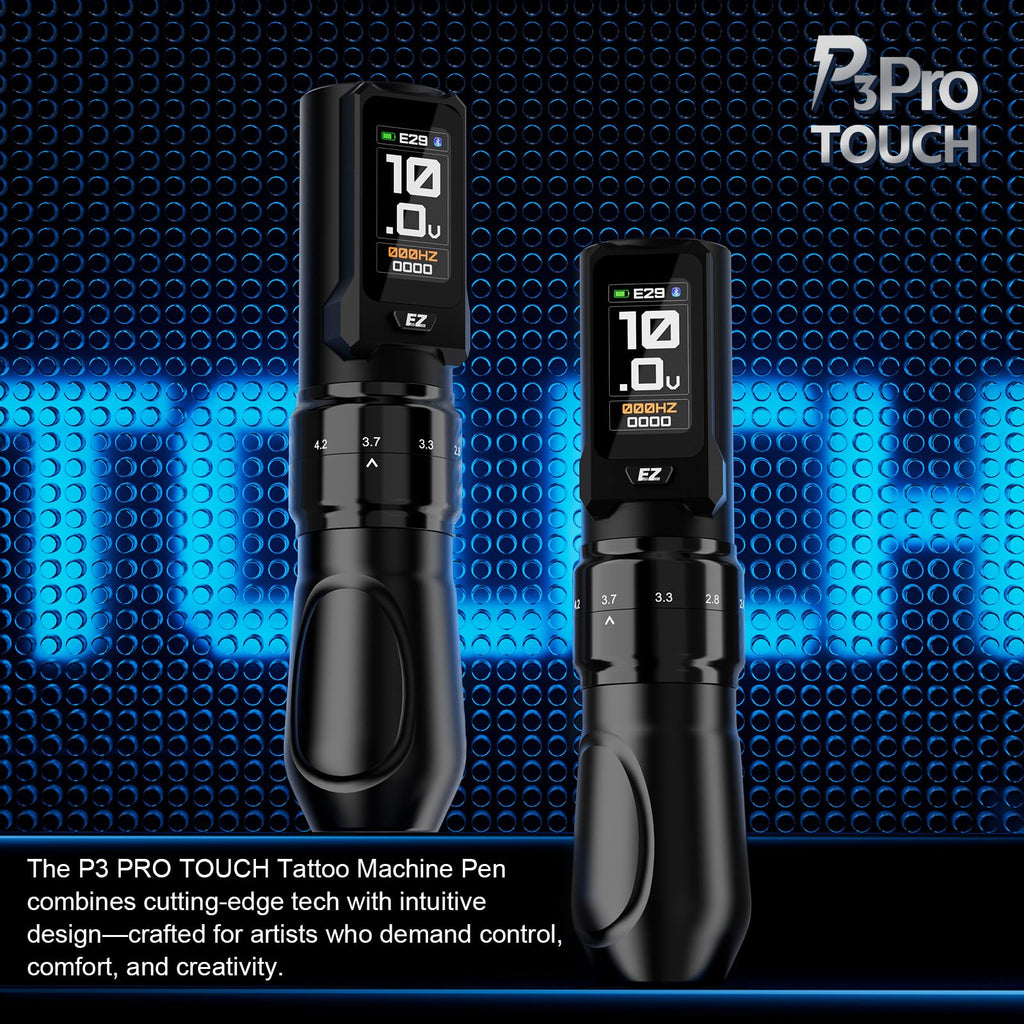 EZ P3 Pro Touch Tattoo Gun, Large Touch Screen Tattoo Machine with 6 Adjustable Strokes 2.0-4.2mm, 2 OLED Digital Display 2,000mAh Power Supply Extra Battery (Black)