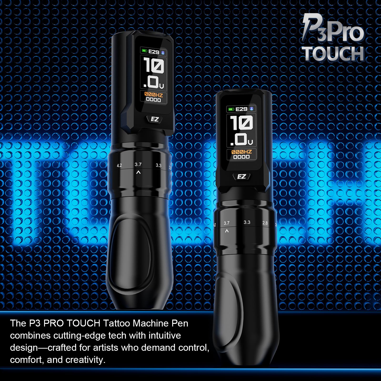 EZ P3 Pro Touch Tattoo Gun, Large Touch Screen Tattoo Machine with 6 Adjustable Strokes 2.0-4.2mm, 2 OLED Digital Display 2,000mAh Power Supply Extra Battery (Black)