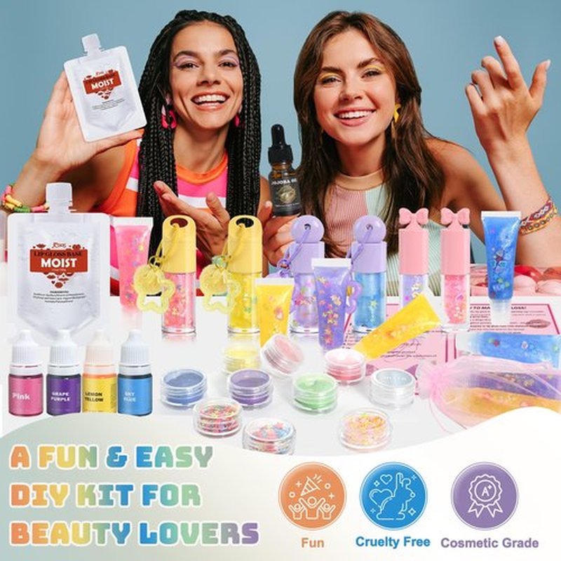 Jcoos Lip Gloss Making Kit, Lip Gloss Set for Women Lip Kit Fun DIY Lipgloss Making Kit, Make Your Own Lip Gloss Kit, Moisturizing Glitter Keychain Birthday Gifts Girls Trendy Stuff