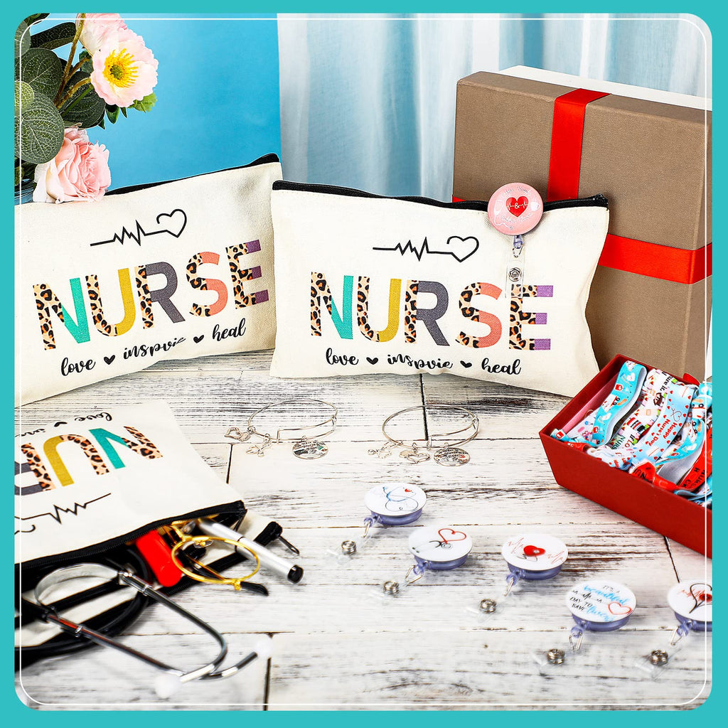 Pajean 38 Pcs Cna Week Gifts 2026 Bulk for Certified Nursing Assistant, Appreciation Gifts Set for Women Include Nurse Makeup Bags, Retractable Badge Reels, Hair Ties, Bracelets for Cna Emt Graduation