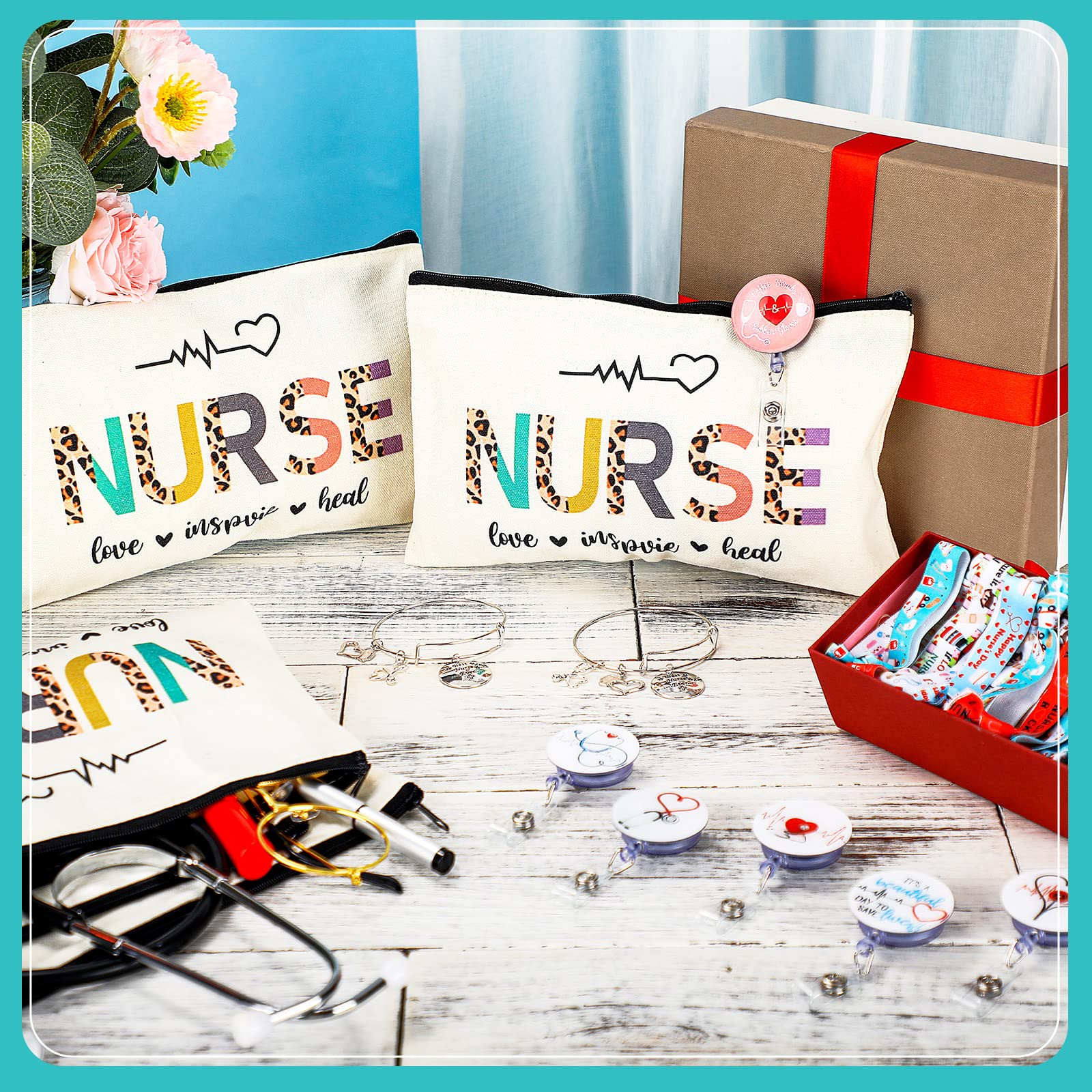 Pajean 38 Pcs Cna Week Gifts 2026 Bulk for Certified Nursing Assistant, Appreciation Gifts Set for Women Include Nurse Makeup Bags, Retractable Badge Reels, Hair Ties, Bracelets for Cna Emt Graduation