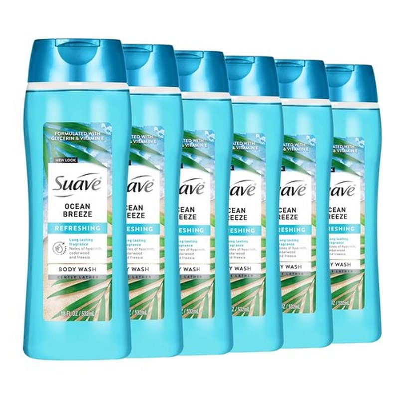 Suave Ocean Breeze Body Wash - Hydrating Formula with Glycerin & Vitamin E | 18 FL OZ, 6 Count