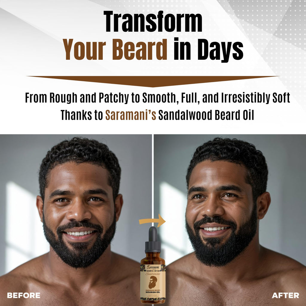 Saramani Beard Grooming Kit for Men – 30ml Sandalwood Beard Oil + Wooden Beard Comb with Vegan Leather Case – Natural Beard Care for Growth, Softening & Conditioning