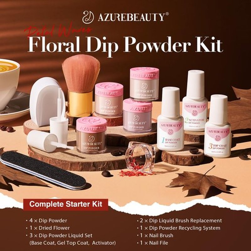 AZUREBEAUTY Dip Powder Nail Kit, 4 Colors Nude Dark Brown with Dried Flower Set, Fall Winter Natural Dipping Powder Starter Liquid Set Recycling Tray with Base & Top Coat Activator ﻿