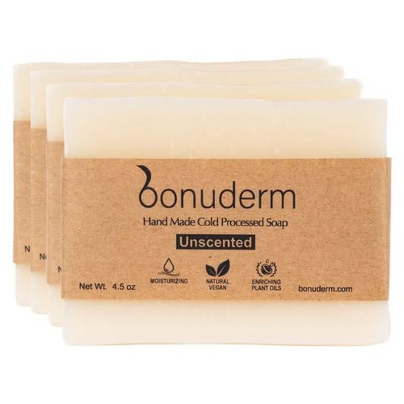 bonuderm Unscented & Fragrance Free Soap (4-pack) | Sensitive Skin All Natural Bar Soap for Women & Men | Natural Soap Bar | Body Soap Bars | Handmade in the USA | Vegan & Non Toxic