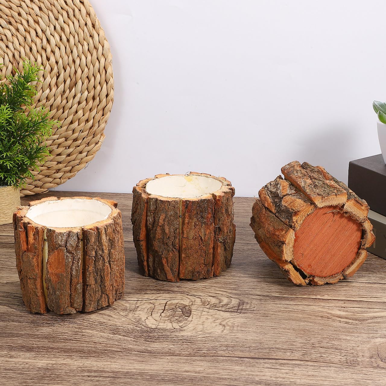 Housoutil Wooden Vase for Centerpieces, 3 Pack Wood Flower Vase Rustic Tree Stump Planter Pots, Wooden Bark Flower Bucket for Wedding, Farmhouse Christmas Table Decor, Round Bark Stump Pots （9cm*8cm）