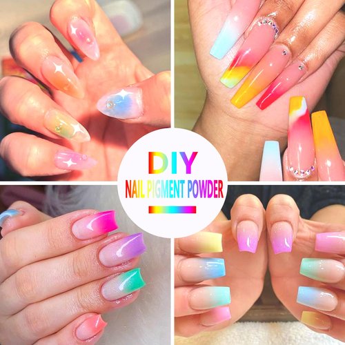 FSpronail Neon Nail Pigment Set 10 Colors Ombre Nail Powder Solid Fluorescent Pigment Gradient Nail Design Extra Fine Glitter Summer Neon Nail Art Manicure Beginners - Includes 5 Sponge Sticks 1 Brush