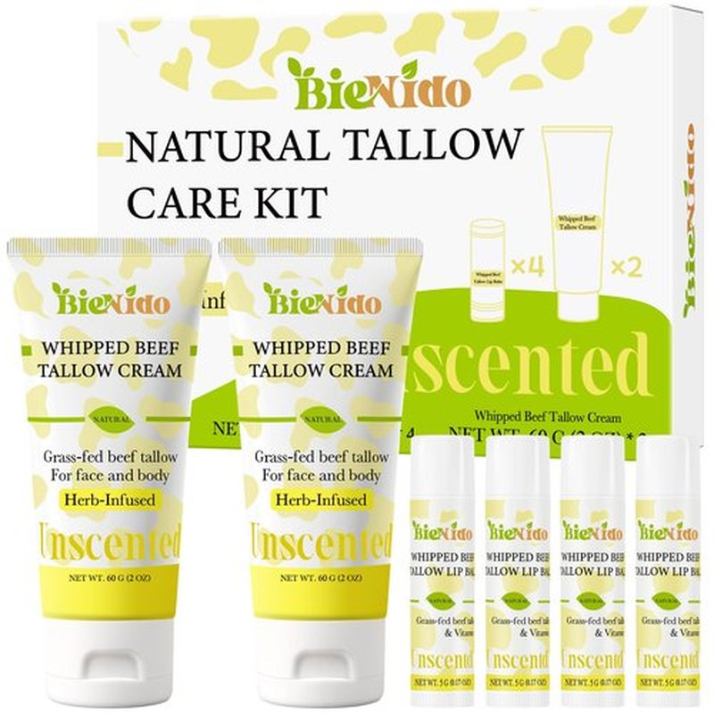 Beef Tallow for Skin: Organic Grass Fed Tallow Cream & Lip Balm Set – Natural Dry Skin Moisturizer for Face, Body, Hands & Lips