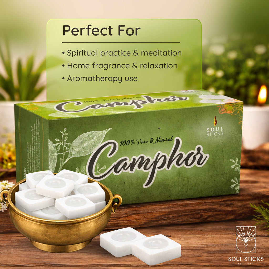 SOUL STICKS Natural Camphor Blocks,Pure Camphor Tablets for Aromatherapy & Puja - Alcanfor en Bloques, Alcanfor en Bolitas, Kapoor for Pooja (150 Grams (32 Tablets))