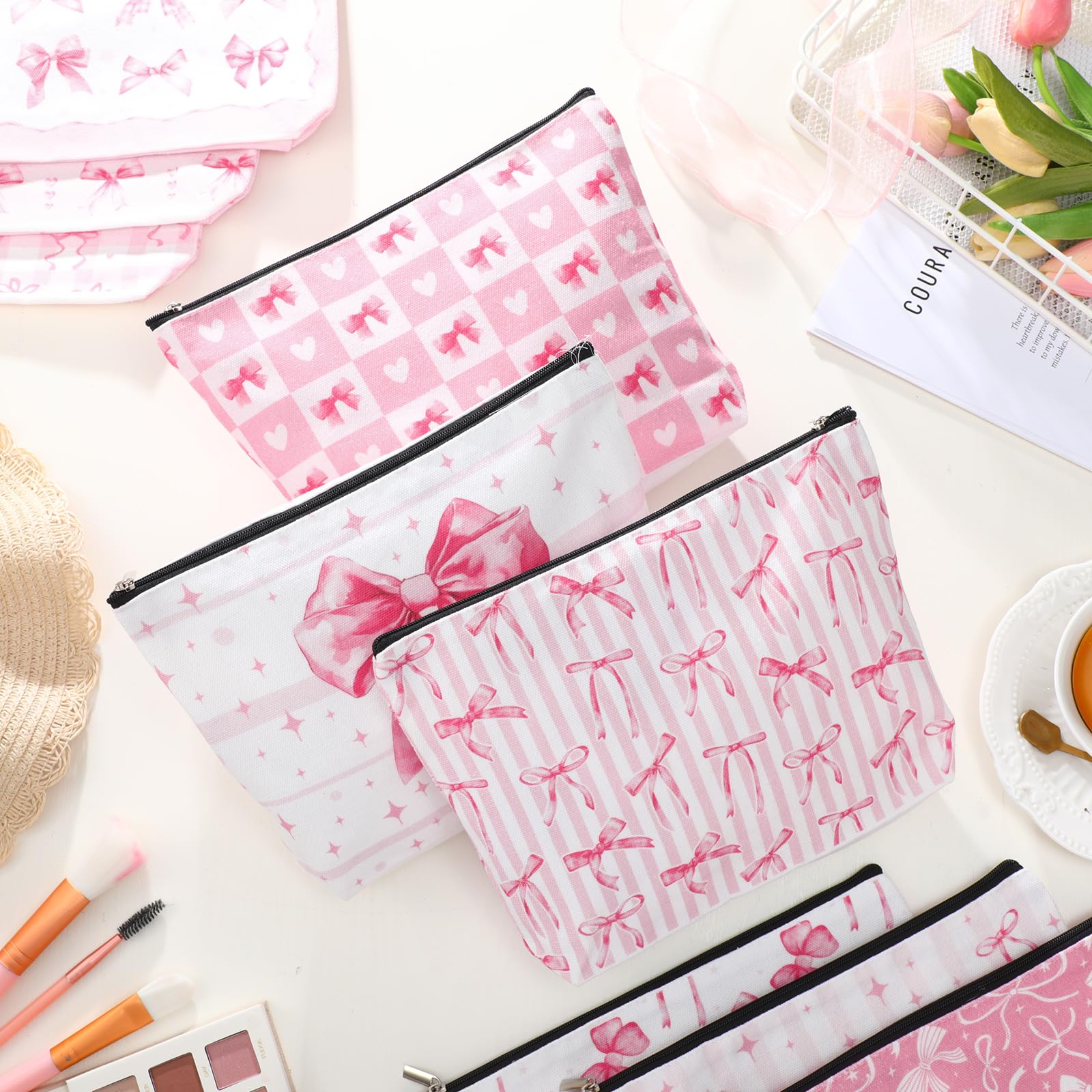 Reginary 12 Pcs Pink Bow Makeup Bags Coquette Bow Cosmetic Bags with Zippers Coquette Party Favors Pink Aesthetic Elegant Pouch Bulk Gifts for Women Mother's Day Birthday Supplies Travel Accessory