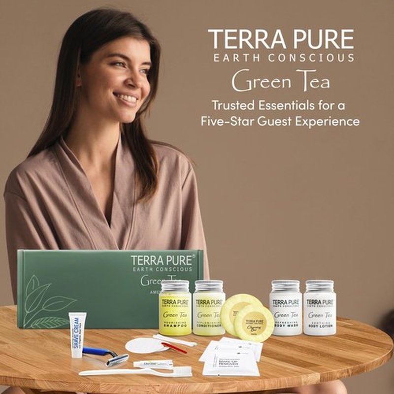 Terra Pure Green Tea Amenity & Accessory Kit | 1 oz Travel Size Shampoo, Conditioner, Lotion, Body Wash, 2 Soap Bars, Shave & Dental Sets, Make-Up Remover Wipes, & Vanity Kit | 15 sets per case
