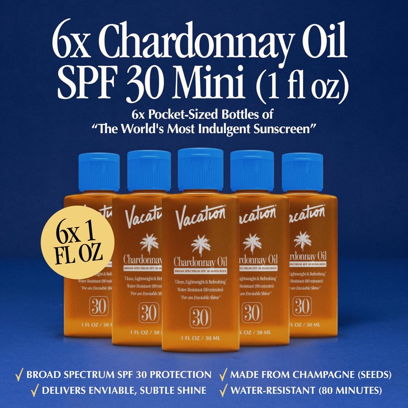 Vacation Mini Chardonnay Oil SPF 30, Hydrating & Nourishing Sunscreen Oil, Lightweight, Transparent on All Skin Tones, Water-Resistant, Travel Size Sunscreen, 1 Fl. Oz. (Value Pack of 6)