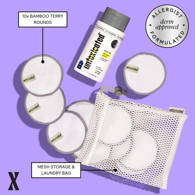 Untoxicated Ultra Soft Cleansing Pads - Double-Layered Reusable Bamboo Terry Rounds for Sensitive Skin - 10CT with Washable Storage Bag