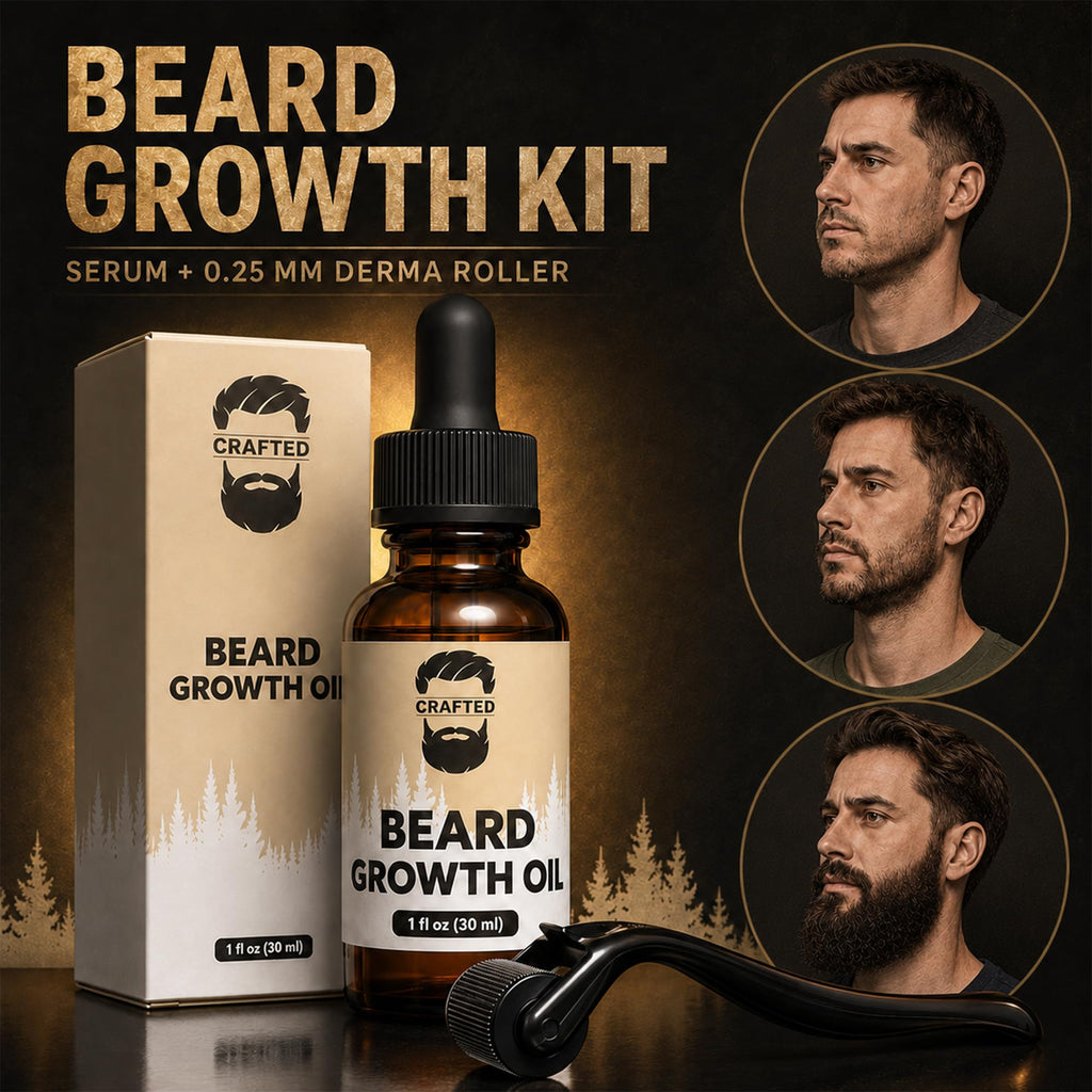Crafted Beard Growth Kit - Grow a Thicker, Fuller Beard - Complete 3-Month Set with Oils, Roller, and Vitamins (1 Month Kit)