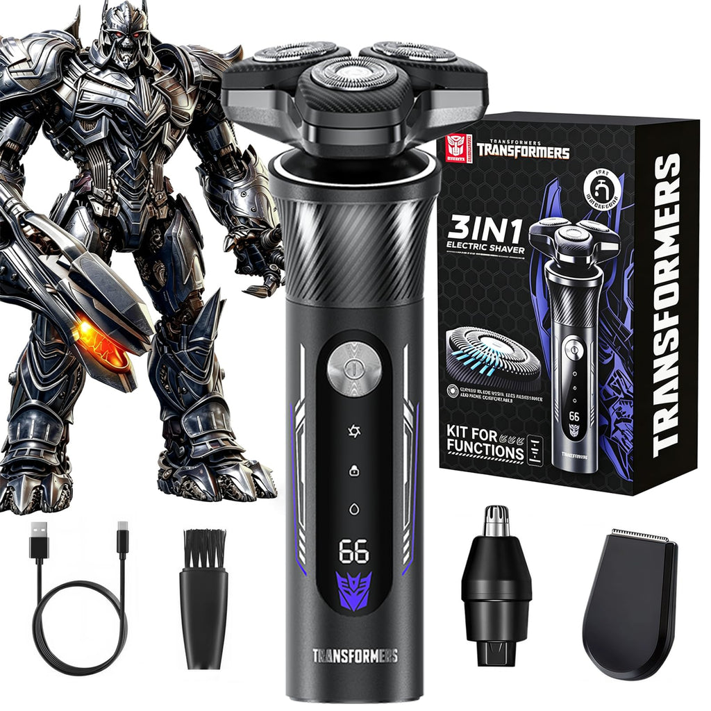 TRANSFORMERS Electric Razor for Men, 2-Speed Adjustable Shaver, IPX7 Waterproof, USB-C Fast Charging, LED Display, Smart Anti-Snag Beard Trimmer for Sensitive Skin, Mens Grooming Gift (Black)