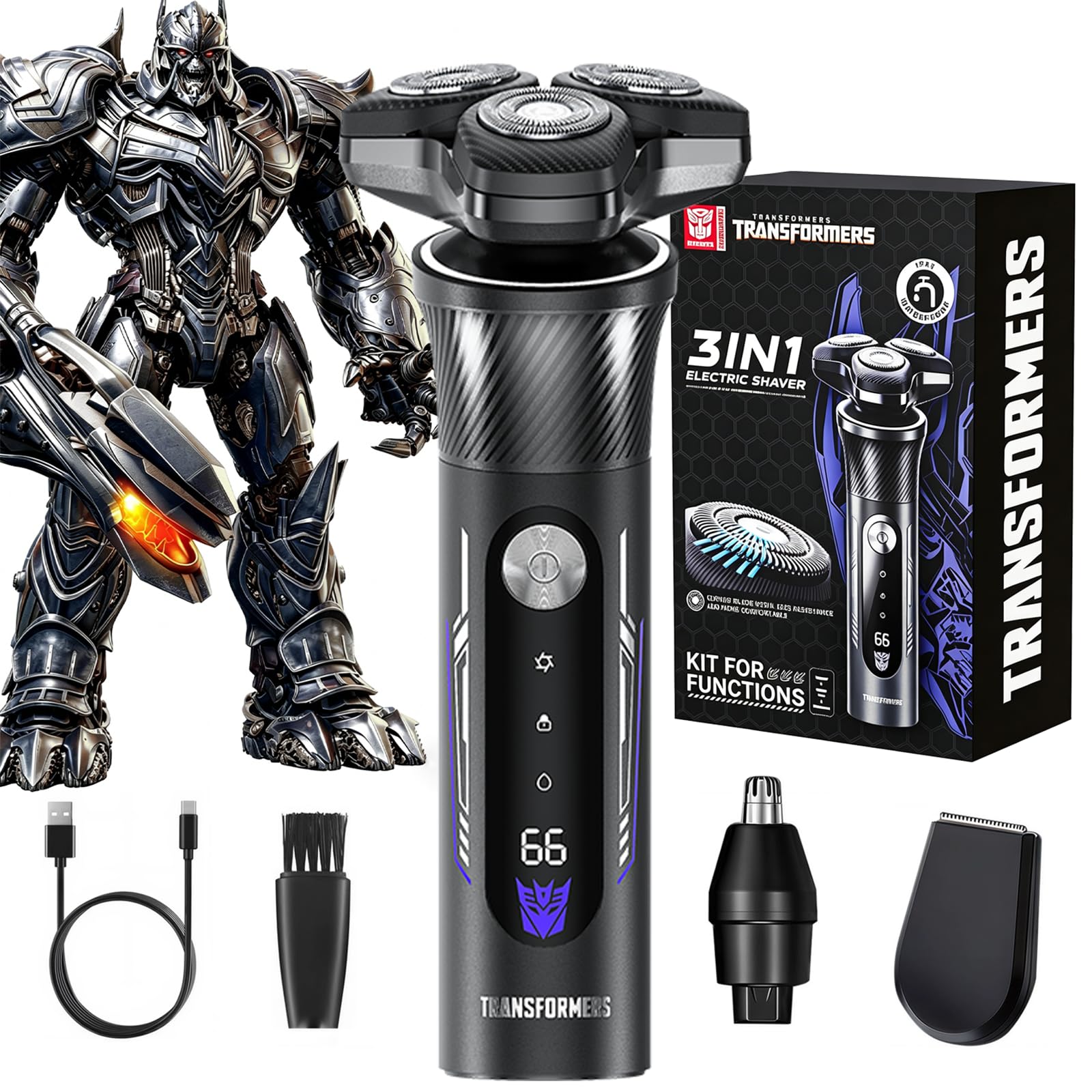 TRANSFORMERS Electric Razor for Men, 2-Speed Adjustable Shaver, IPX7 Waterproof, USB-C Fast Charging, LED Display, Smart Anti-Snag Beard Trimmer for Sensitive Skin, Mens Grooming Gift (Black)