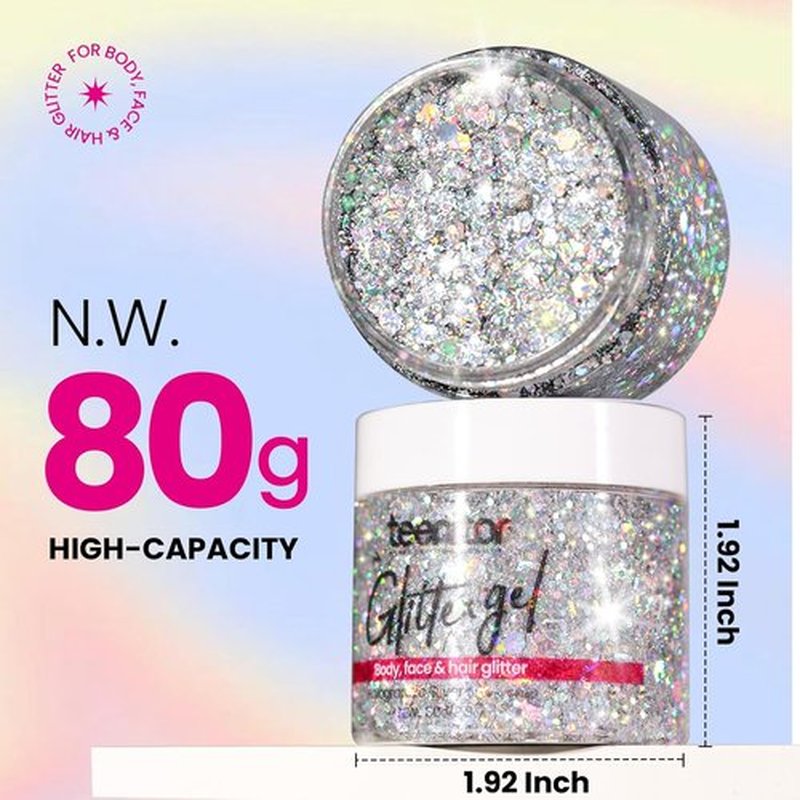 Teenitor Body Glitter Gel - Holographic Chunky Makeup for Face, Hair & Eyes | Silver