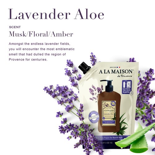 A LA MAISON French Liquid Hand Soap RefilL - Natural Hand Wash Made with Essential Oils - Biodegradable, Plant-Based, Vegan, Cruelty-Free (33.8 Fl Oz Pouch (3 Pack), Lavender Aloes)