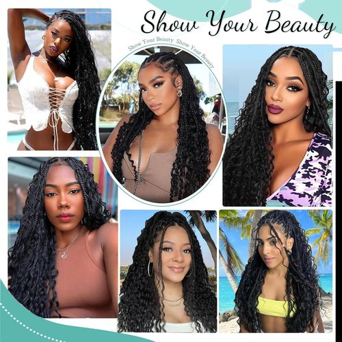 LYCSOU Goddess Box Braids Crochet Hair 1B - 18 Inch 8 Packs Crochet Box Braids Pre-looped Bohemian Boho Box Braids Crochet Hair with Curly Ends Synthetic Crochet Hair for Black Women