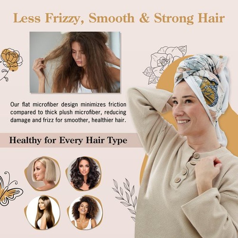 BlairCo. Microfiber Hair Towel Wrap for Women - Anti-Frizz Quick Dry Hair Wrap for Long Hair - Hair Towels for Women, Hair Drying Towel Wrap - Floral Butterfly